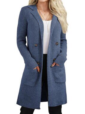 Women's Classic Blue Long Knit Cardigan Open Front Coatigan Lapel Pocket Sweater